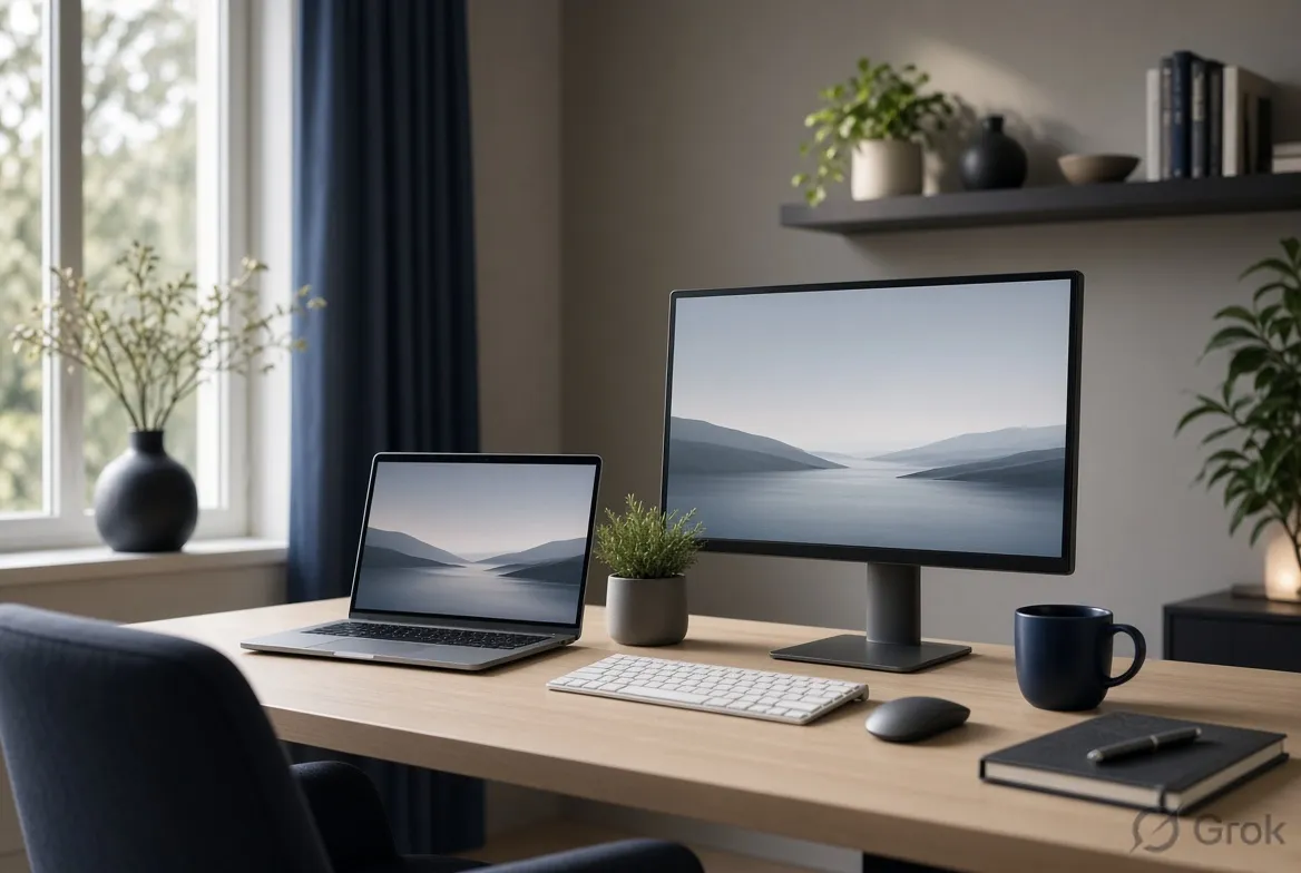 A calm home office desk with a laptop, monitor, and window light