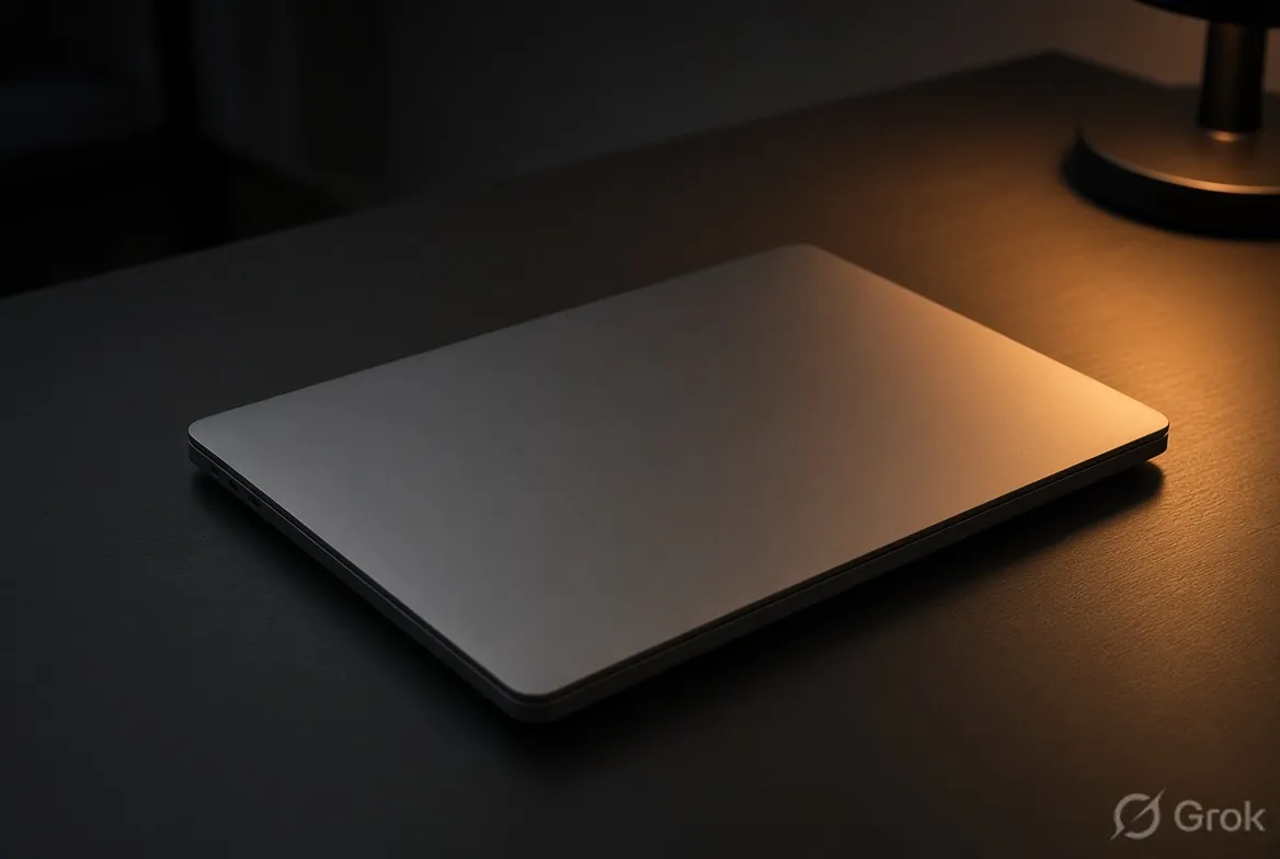 A closed laptop on a dark desk in warm lamplight