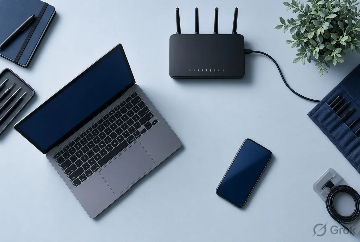 Laptop, phone and router arranged on a pale desk